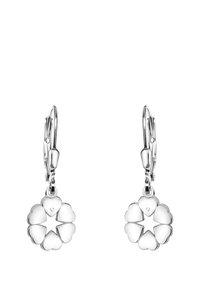 Silvriga blommformade örhängen med hjärtformade kronblad. Har en liten central stjärna och en diamantdetalj. Med spärrhake.
