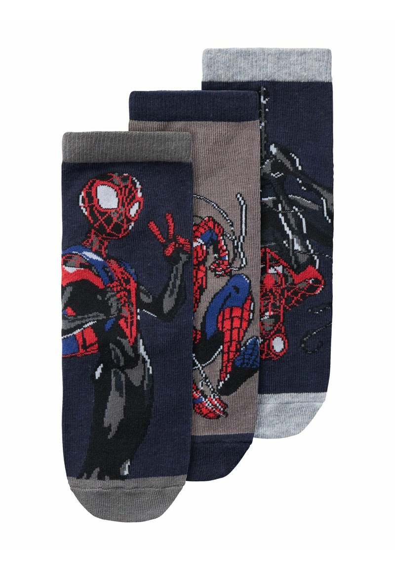 Három pár pamut zokni, amelyek a Pókember dizájnjával rendelkeznek, sötétkék, szürke és sötétkék színben, színes szövéssel és bordás mandzsettával.
