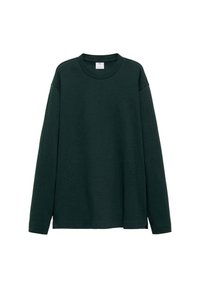 Sweat-shirt vert foncé à manches longues avec col rond, ourlet droit et étiquette de marque visible à l'intérieur du col.