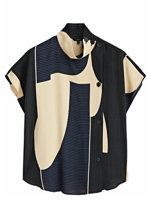 Short-sleeve high-neck blouse with black and beige abstract color blocks and vertical stripes, featuring four black buttons on the shoulder and front.