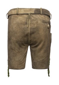 Pantaloni corti in suede di un marrone oliva spento con una vita piatta, un dettaglio legato sul retro e accenti in pizzo verde all'orlo e nelle tasche laterali.
