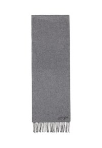 Grau gestrickter Schal mit fransigen Kanten. Verfügt über eine subtile Textur und ein kleines Logo im unteren rechten Eck.