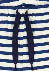 Modré a bílé pruhované kraťasy s měkkou tkaninou, elastickým pasem a šňůrkou. Pruhy jsou rovnoměrně rozestoupené a vodorovné.