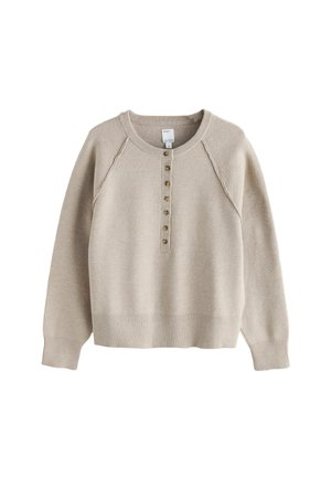 Light beige sweater with a crew neckline, raglan sleeves, and five-button placket. Features ribbed cuffs and hem, made of soft material.