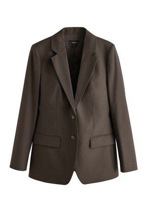 Blazer sartoriale marrone scuro con due bottoni frontali, rever a lancia, maniche lunghe e tasche con patta su entrambi i lati.