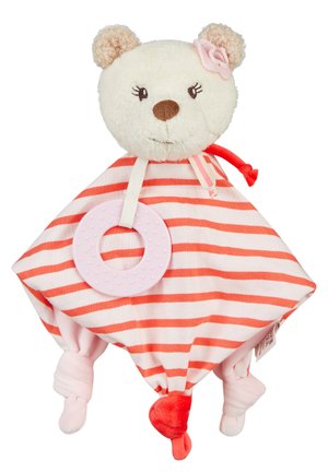 Plüschbärenkopf mit rosa Blume, befestigt an einem rot-weiß gestreiften, weichen quadratischen Decke mit geknoteten Ecken und rosa Beißring.