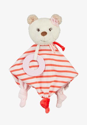 Plush bear head with pink flower, attached to red and white striped soft square blanket with knotted corners and pink teething ring.