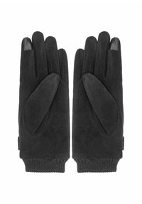 Czarne rękawice polarowe z dopasowanym krojem, z teksturowanymi dłońmi i dzianinowymi mankietami. Kciuk i końcówki palców wskazujących zaprojektowane do użycia z ekranami dotykowymi.