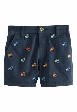 Marineblaue Kinder-Shorts mit Gürtelschlaufen, Knopfverschluss, Seitentaschen und bestickten mehrfarbigen Traktormustern.