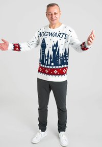Maglione bianco lavorato a maglia con design del castello di Hogwarts in blu navy e rosso, con dettagli decorativi sulle maniche e sul fondo. Abbinato a pantaloni grigi.