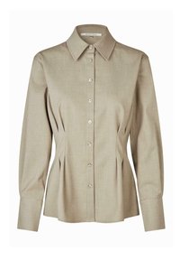 Beige skjorte med knapper laget av teksturert stoff, med klassisk krage, lange ermer og folder i midjen for en figursydd silhuett.
