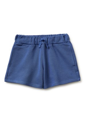 Shorts con vita elastica blu, tasche frontali e coulisse annodata, realizzati in tessuto morbido.