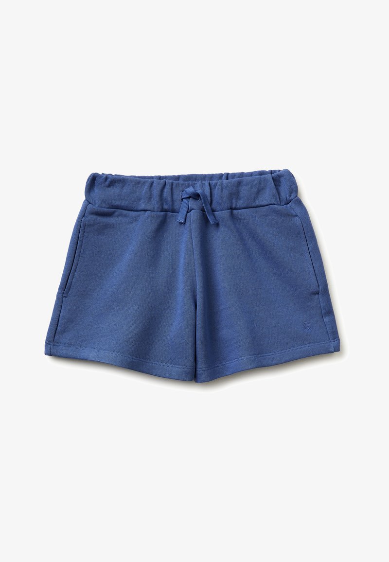 Shorts con vita elastica blu, tasche frontali e coulisse annodata, realizzati in tessuto morbido.