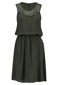 Olivgrön ärmlös klänning i mjukt, lätt tyg med rund halsringning och rynkad midja, med en sidofåra för ökad rörlighet.