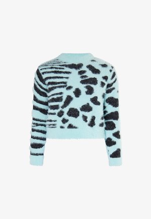 Puhány világoskék pulóver fekete állatmintás mintákkal. Kerek nyakú, hosszú ujjú és rövidített fazonú.