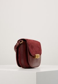 Borsa a tracolla bordeaux realizzata in suede e pelle, con chiusura oro, tracolla texture e design con patta curvata.