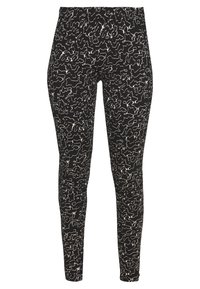 Černé legíny s bílým abstraktním vlnitým vzorem, vybavené elastickým pasem a přiléhavým střihem. Hladká textura a pružný materiál.