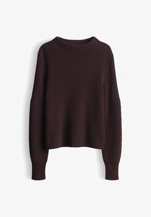 Burgundy ribbed knit sweater with a round neckline, dropped shoulders, and elongated sleeves. Features a relaxed fit and textured fabric.