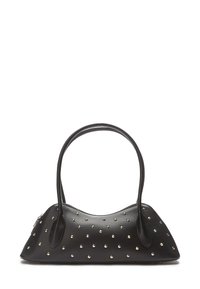 Čierna kožená kabelka s oblým tvarom, ozdobená dekoratívnymi kovovými nitmi v rôznych farbách po celej ploche. Súčasťou je dlhé ucho.