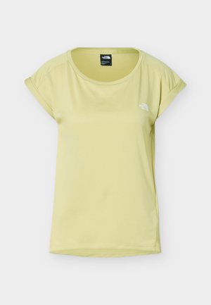 Valge väikese The North Face logoga heleroheline naiste lühikese varrukaga T-särk, ümmarguse kaelusega ja rinnal.