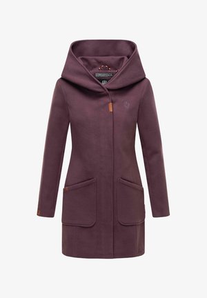 Ljubičasti kaput od vune s velikom kapuljačom, dva prednja džepa i božnom etiketom. Mekana tekstura i kroj za toplinu.