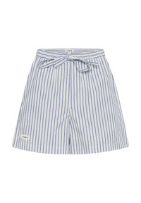 Shorts rayés bleu et blanc en tissu léger, avec une taille à nouer et une petite étiquette de marque sur l'ourlet.