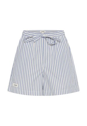 Shorts rayés bleu et blanc en tissu léger, avec une taille à nouer et une petite étiquette de marque sur l'ourlet.