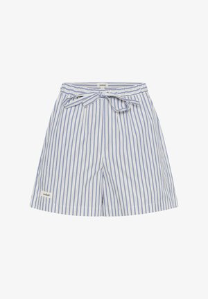 Modre in bele črtaste kratke hlače iz lahkotnega materiala, z vezalko v pasu in majhno blagovno oznako na robu.