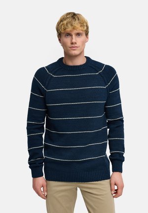 Blond mand iført en mørkeblå sweater med tynde hvide vandrette striber og beige bukser, stående mod en ensartet lys baggrund.