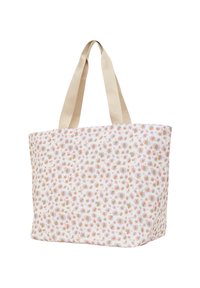 Tygväska med blommönster i pastellfärger, med två robusta beige handtag och en rymlig rektangulär form.