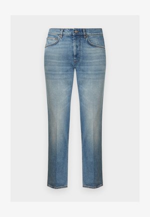 Light blue straight-leg denim jeans with slight fading, front and back pockets, belt loops, and a button closure.