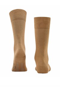 Braune Baumwoll-Crew-Socken mit geripptem Bund, glatter Textur, verstärktem Fersen- und Zehenbereich. Beide Seiten zeigen ein identisches Design.