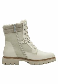 Bottines blanches avec un revers texturé en gris, en cuir et en daim, avec un laçage à l'avant, une fermeture éclair latérale et une semelle en caoutchouc robuste.