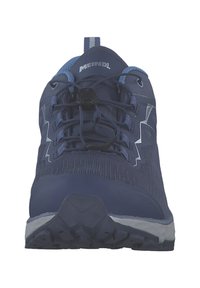 Navy blue athletic shoe with a textured upper, reinforced toe cap, adjustable lace system, and contrasting light blue accents.