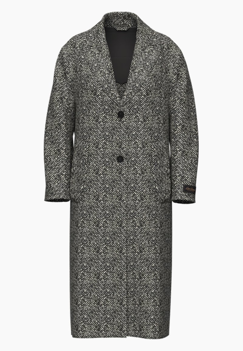 Wollmischung langer Mantel im schwarz-weißen Fischgrätmuster, mit Reverskragen, drei Knöpfen und seitlichen Taschen.