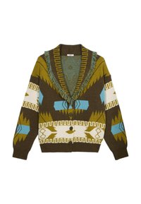 Paksu napillinen neuletakki, jossa on monivärisiä geometrisiä kuvioita vihreässä, sinisessä, valkoisessa ja ruskeassa, ja jossa on fringetettu huppukaulus.