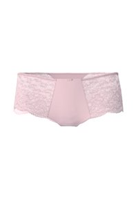 Roze kanten slip met een glad voorpaneel, gegolfde randen en een klein strikje in het midden. Zachte stof met complexe kanten patronen.