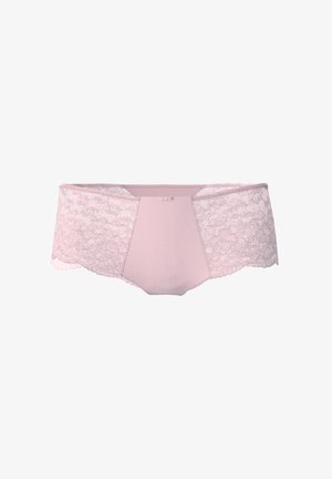 Slip rose en dentelle avec un panneau avant lisse, des bords festonnés et un petit nœud au centre. Tissu doux avec des motifs en dentelle élaborés.
