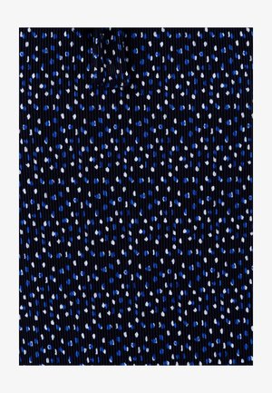 Tissu bleu marine avec nervures verticales, parsemé de points bleus et blancs. La texture est lisse et légèrement extensible.