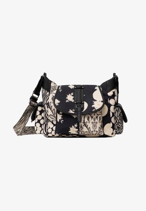 Czarna i beżowa torebka na ramię z wzorami kwiatowymi, paisley i kropkami, przednią klapą z klamrą oraz regulowanym paskiem.