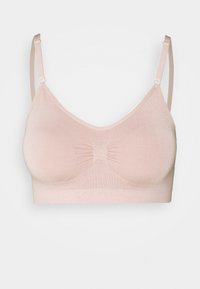 Bralette sem enchimento em tecido rosa claro e suave. Apresenta alças ajustáveis, um painel central franzido e um design sem costuras para conforto.