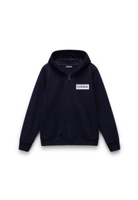 Felpa con zip blu navy in misto cotone, dotata di una grande tasca frontale, polsini a costine e una patch con logo sul lato sinistro del petto. Texture morbida.