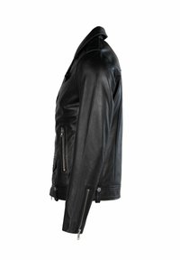 Jachetă de motociclist din piele neagră, cu textură netedă, fermoare laterale și guler clasic; siluetă slim fit și detalii cu nasturi pe tiv.