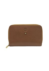 Portefeuille en cuir marron avec un accent en étoile dorée et fermeture éclair, bord contrastant jaune. Surface texturée avec un logo en relief.