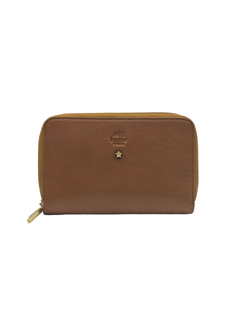Portefeuille en cuir marron avec un accent en étoile dorée et fermeture éclair, bord contrastant jaune. Surface texturée avec un logo en relief.