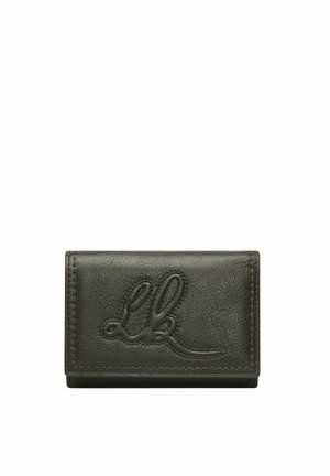 Dunkelbraune Lederbrieftasche mit genähter Kante und geprägten stilisierten Initialen auf der Vorderseite.
