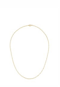 Zlata zvita verižica s gladko, polirano obdelavo in varnim zapiranjem. Preprost dizajn z lahkotno teksturo.
