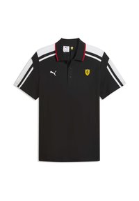 Polo noir avec des accents blancs et rouges, doté d'un col, d'une patte de boutonnage à trois boutons, du logo Puma et de l'emblème Ferrari sur la poitrine.