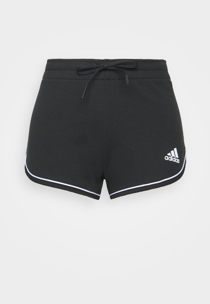 Shorts de sport Adidas noirs avec bordure blanche, taille élastique et cordon de serrage à l'avant.