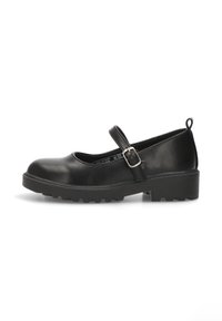 Zapato Mary Jane de cuero negro con tacón bajo tipo bloque, punta redonda, correa ajustable con hebilla metálica y suela de goma texturizada.